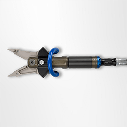 blue and black handheld shears digger attachment